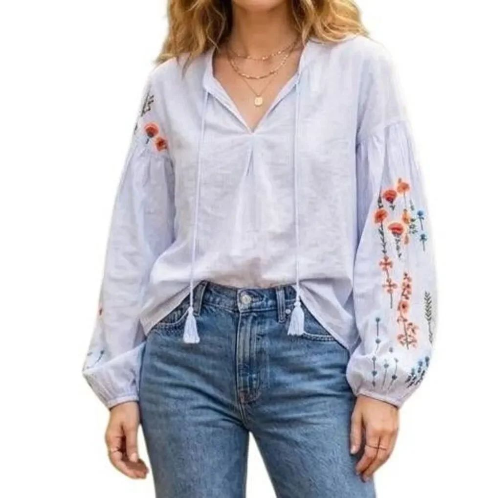 H&M LOGG white blue floral embroidered balloon sleeve peasant top blouse 2 S